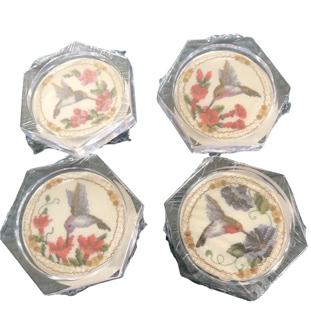 Set 4 Hummingbird Coasters New Cross Stitch Look Floral Summer Acrylic Cork Base